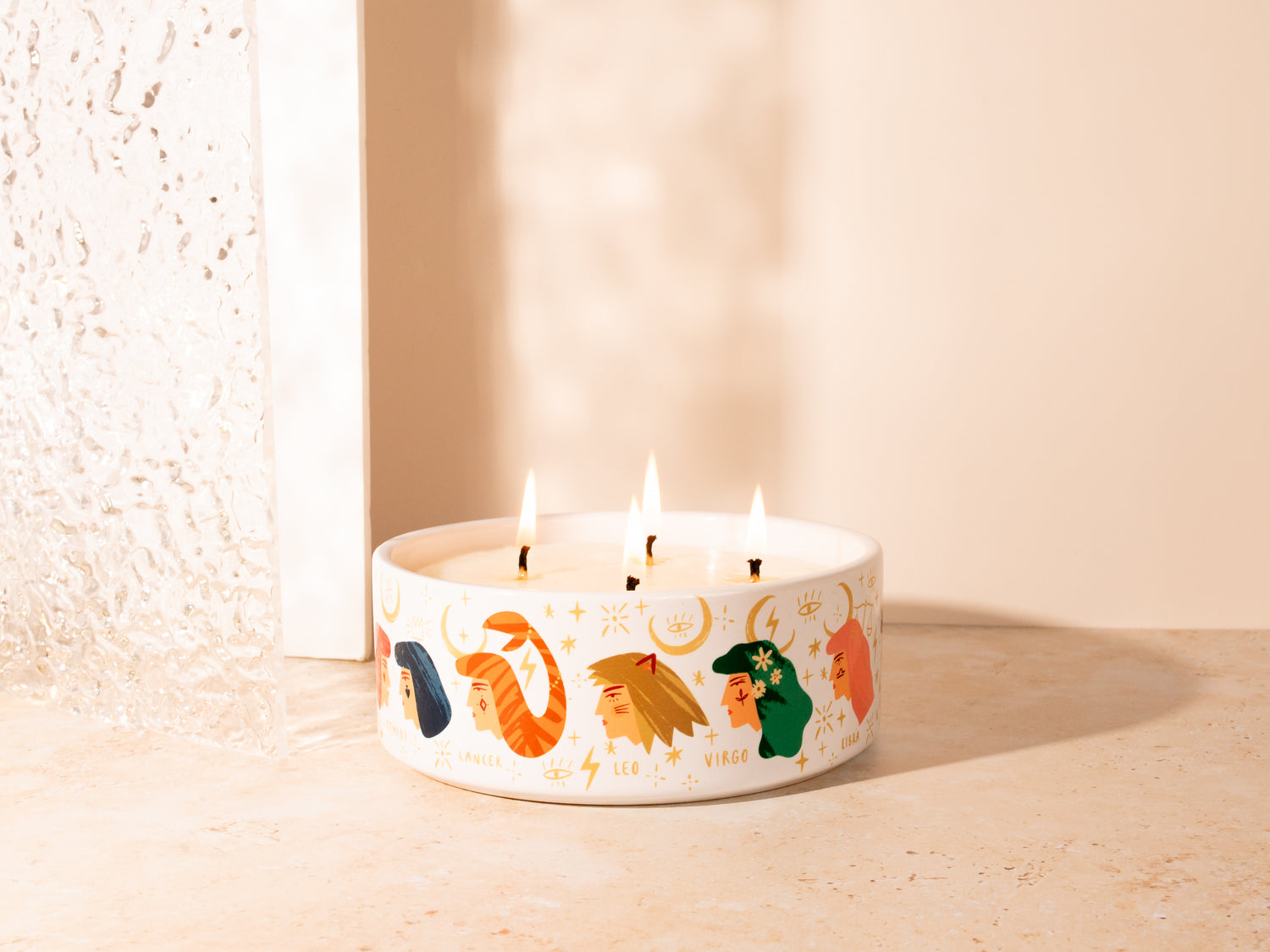 Big Scented Candle Four Wick in Designed Ceramic Vessel featuring Zodiac Sign Women Inspired Paintings 