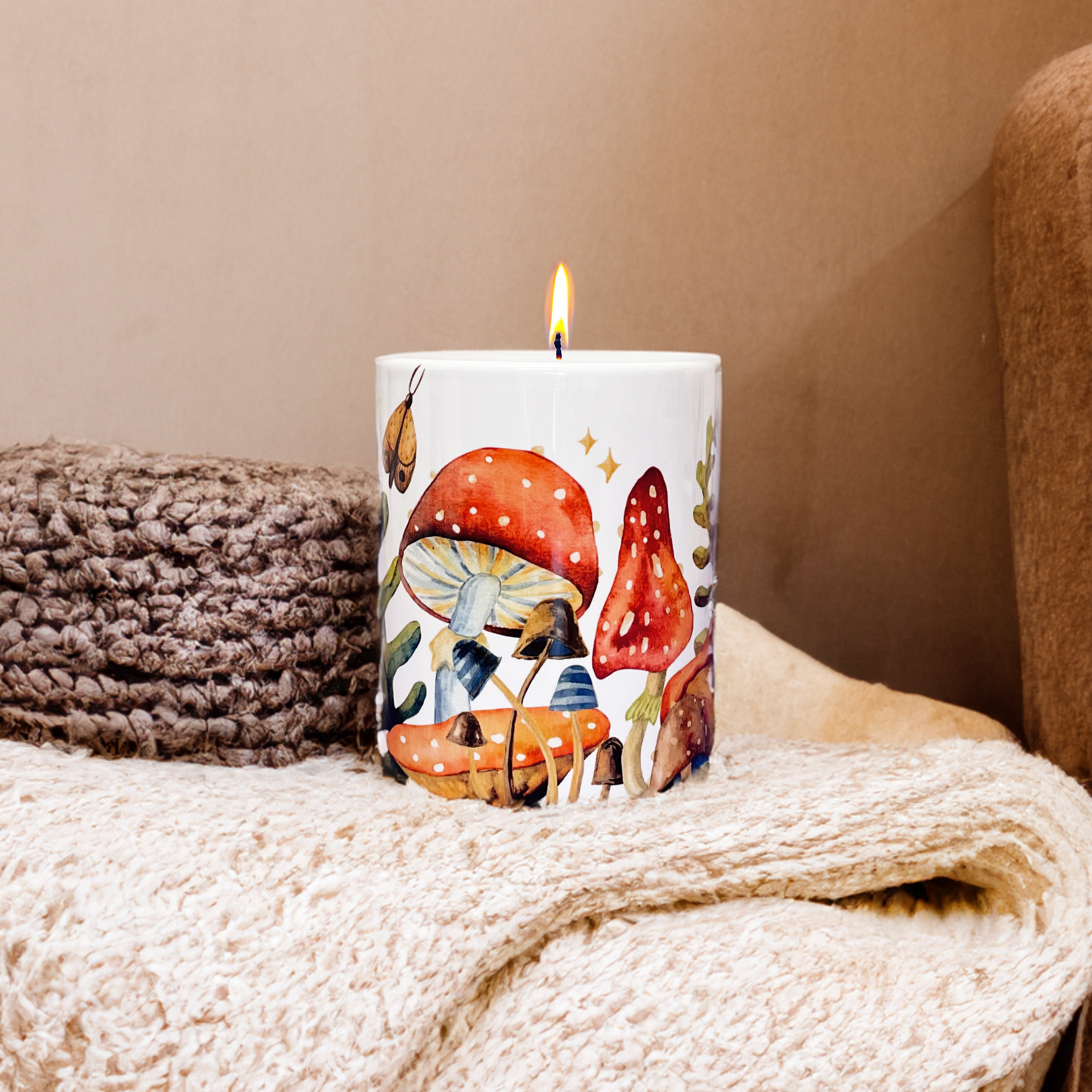 One Wick Scented Candle in Design Ceramic Vessel featuring Watercolor Whimsical Mushrooms